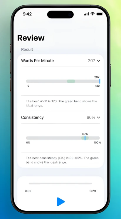 Scripties — speech review with words-per-minute and consistency scores